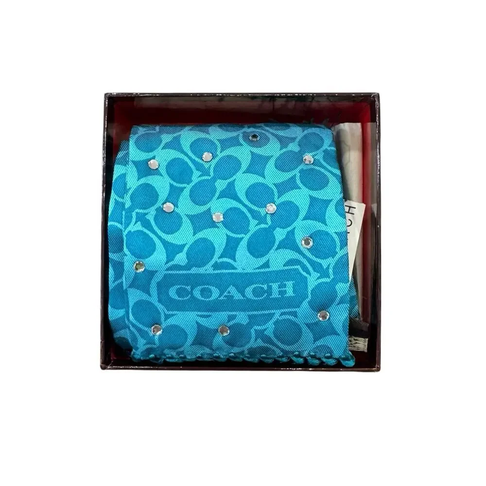 Coach Women 100% Silk Signature Logo Rhinestone Fringe Scarf Teal New With Box - Picture 7 of 8